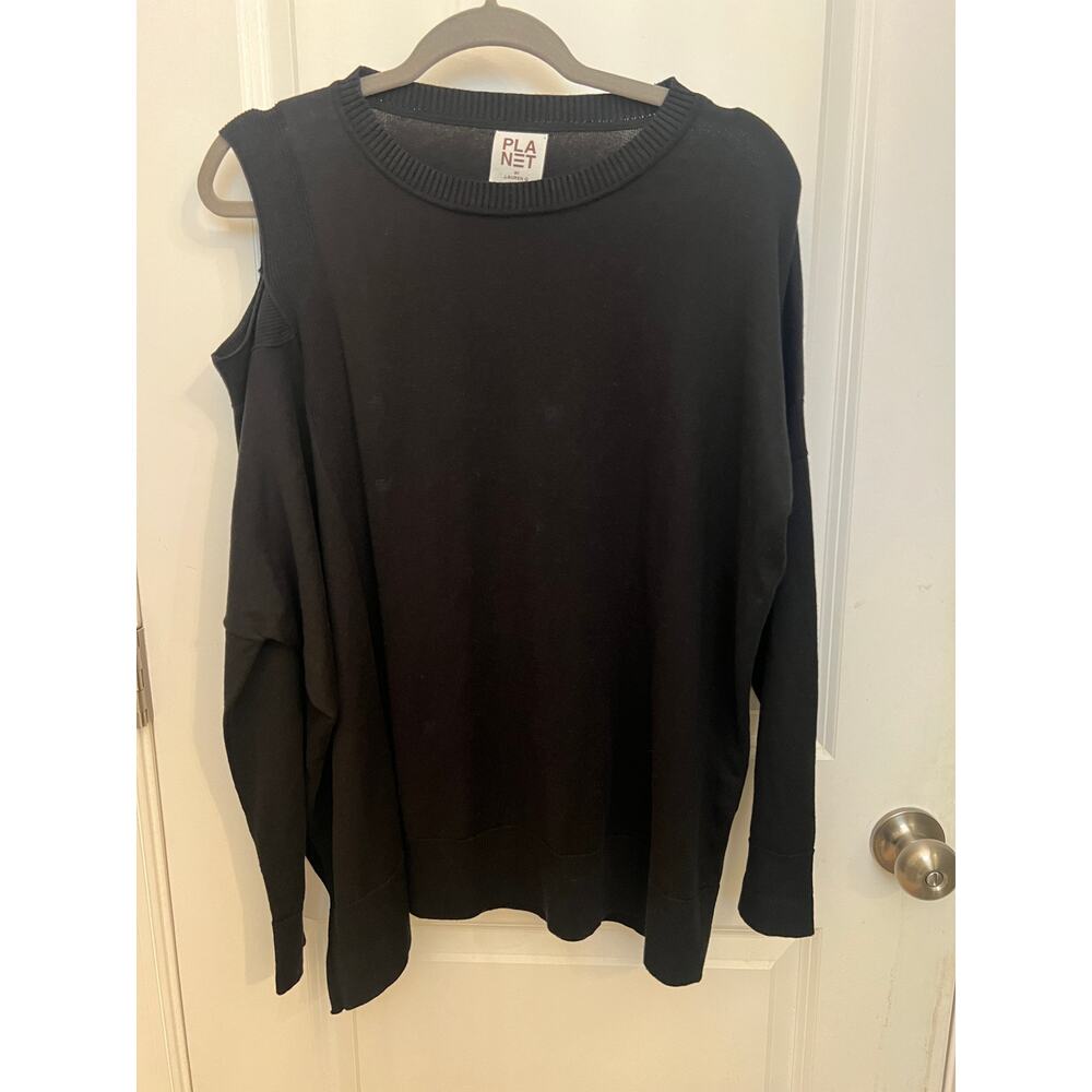 Planet By Lauren G Cutout Shoulder Pima Cotton Sweater Asymmetrical OS Stretchy
